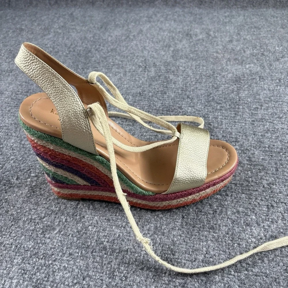 Kate Spade Gold Espadrille Wedge Sandals Women's 9M Lace Up Rainbow Boho 5